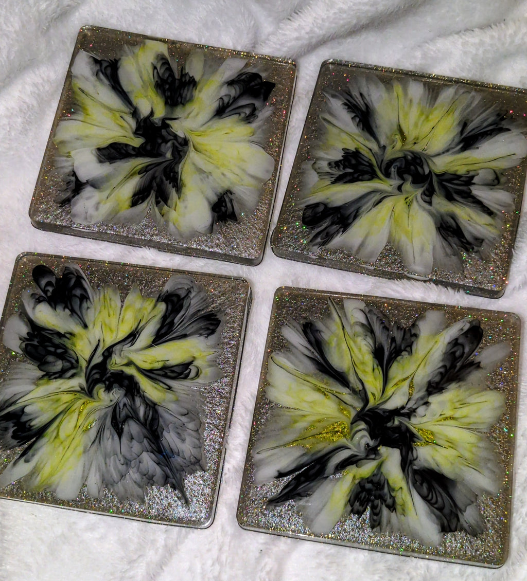 4 Black and yellow Resin bloom coasters