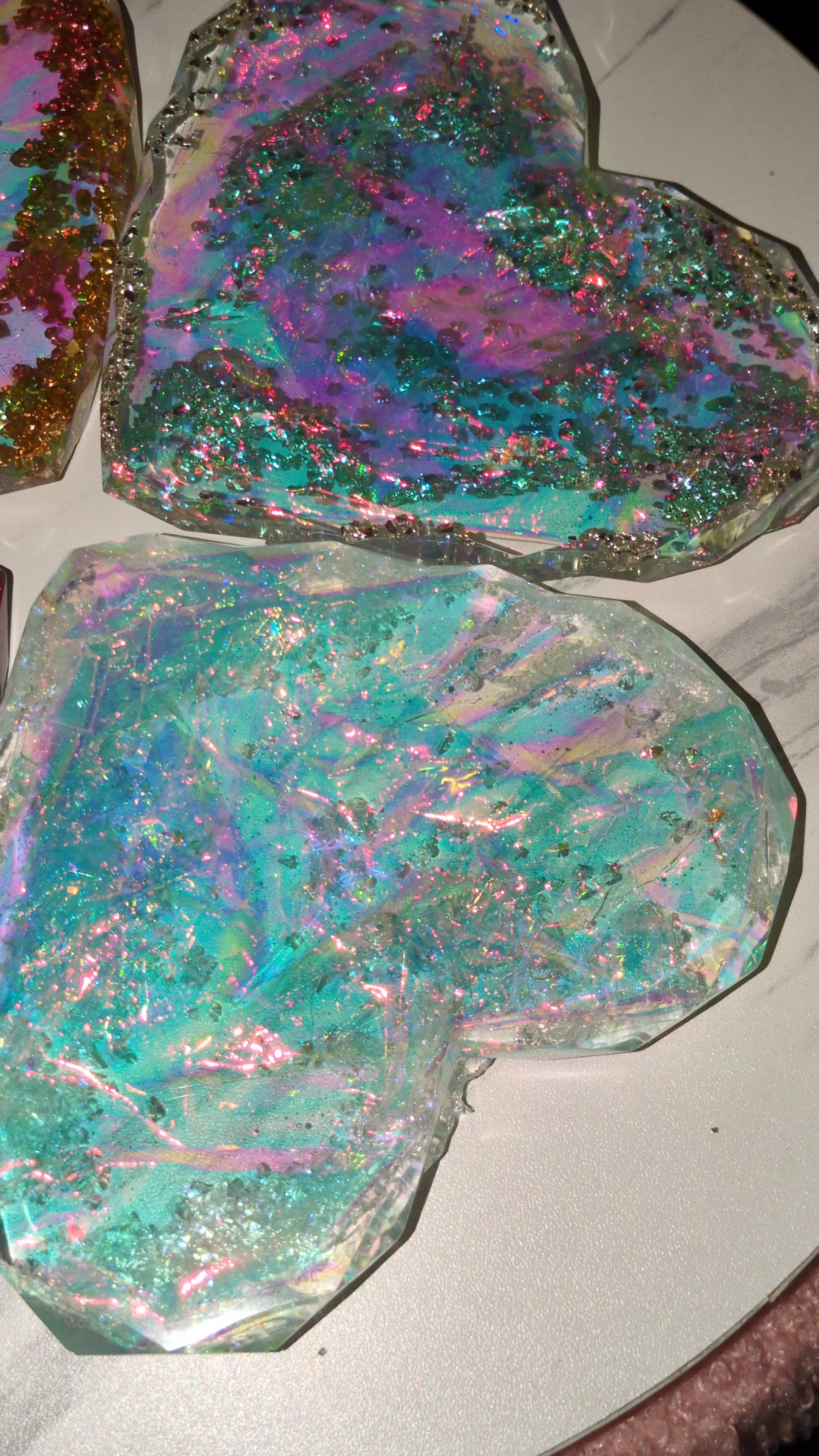 Four Iridescent love heart coasters