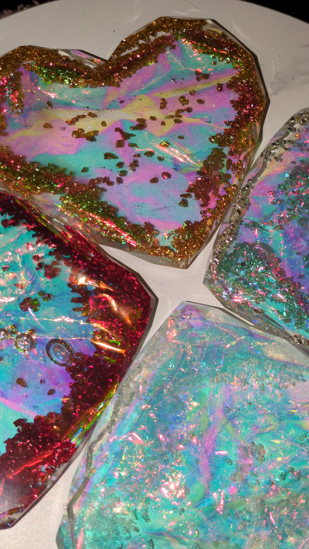 Four Iridescent love heart coasters