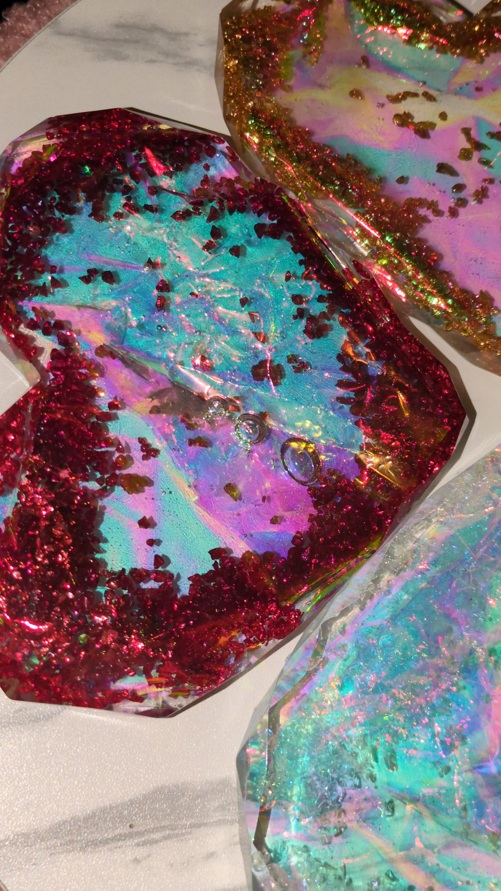 Four Iridescent love heart coasters